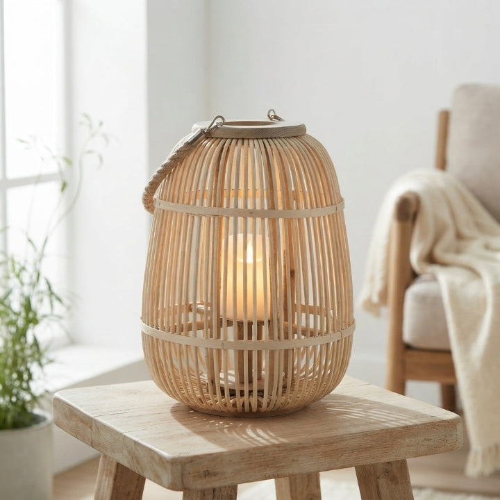 Rattan Laterne mit LED-Kerze, handgeflochten, flammenlos — in Oval, Rund oder Pyramide
