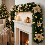 Christmas garland 2.7 m with fir branches, poinsettias & baubles