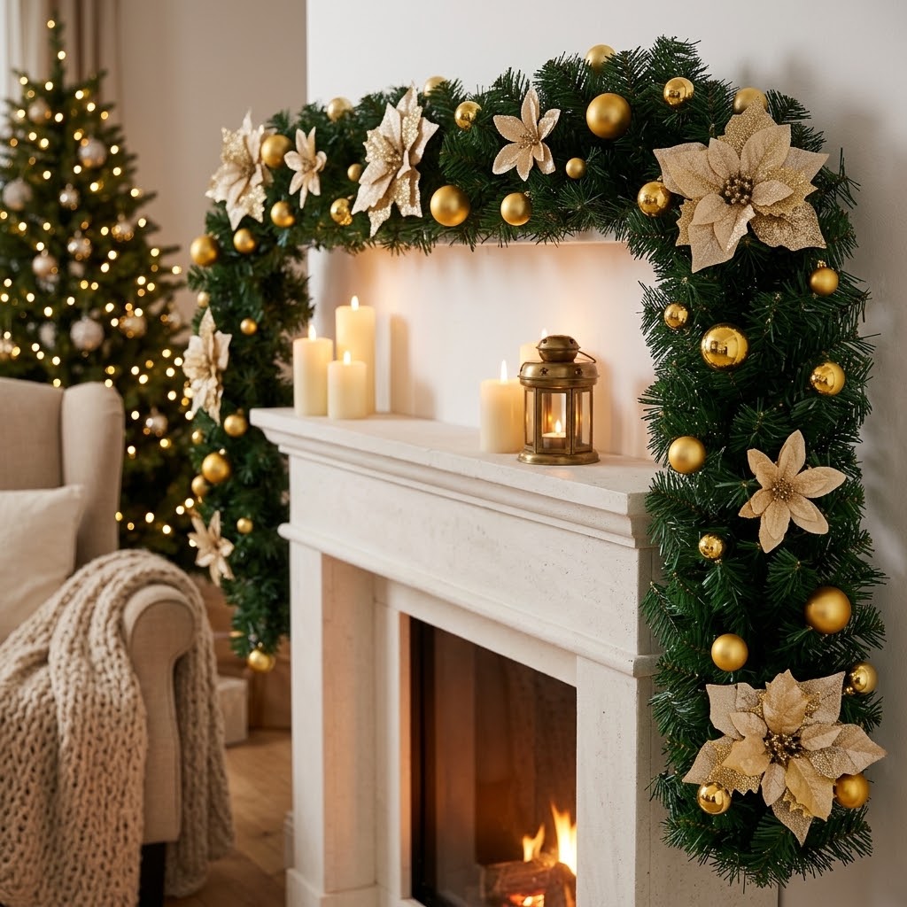 Christmas garland 2.7 m with fir branches, poinsettias & baubles