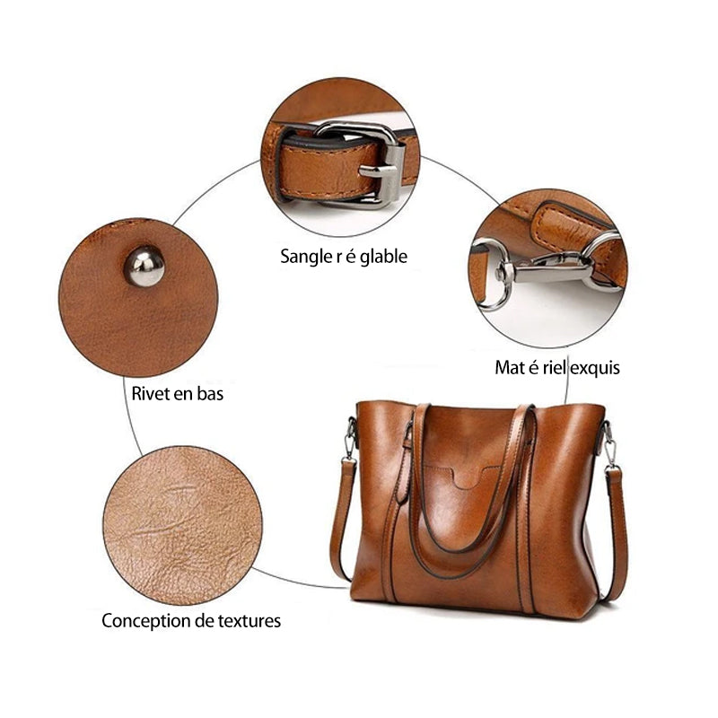 Leather handbag with large capacity and adjustable shoulder strap