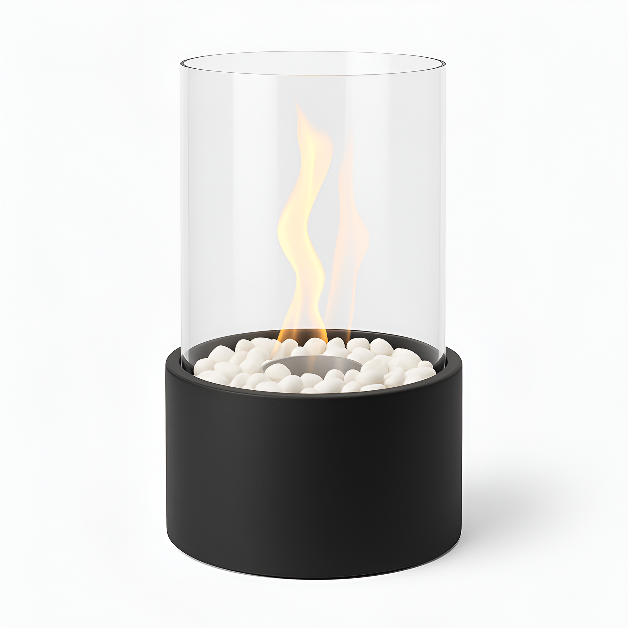 Table fireplace with glass cylinder and metal base