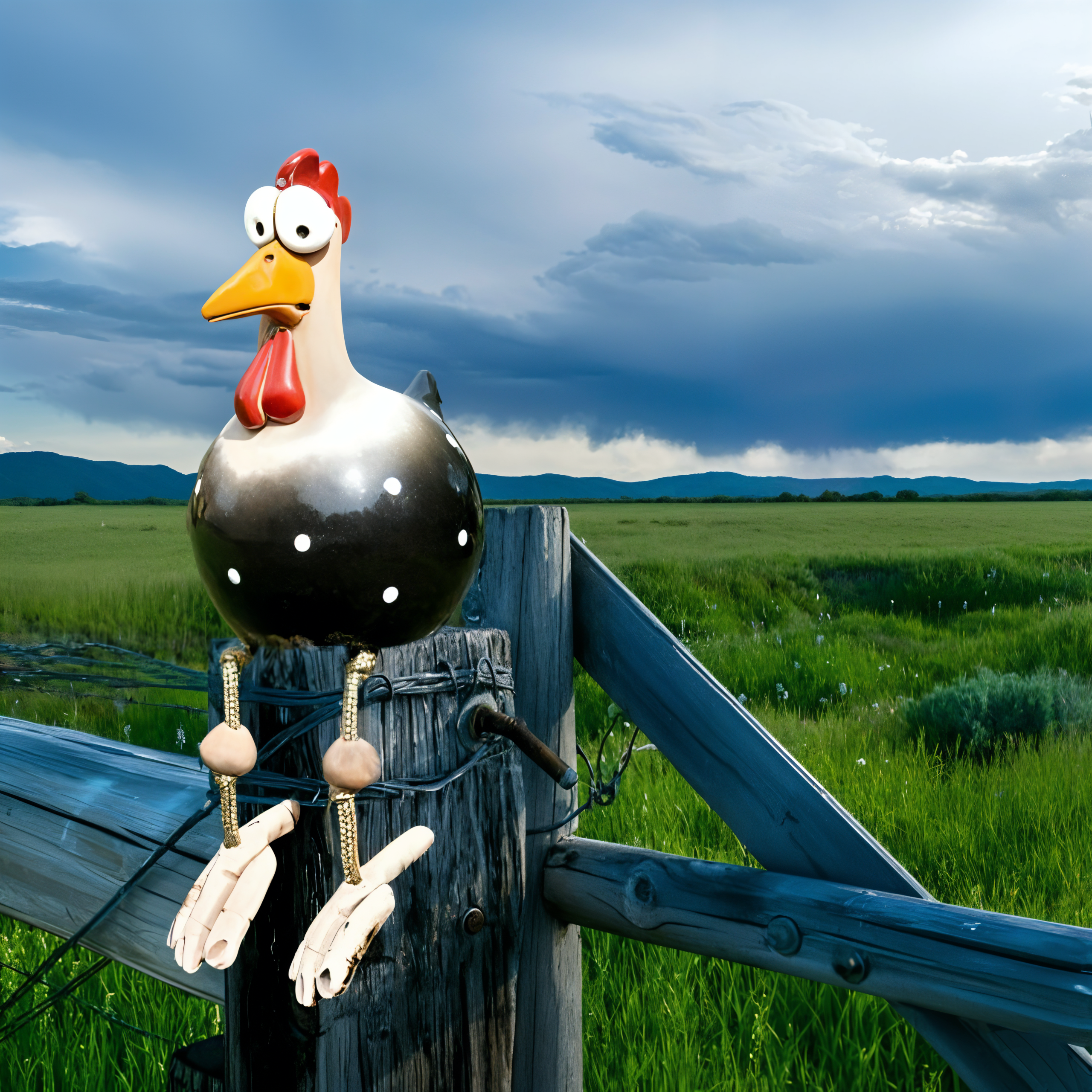 Huhn-Gartenfigur mit beweglichen Holzbeinen und großen Augen