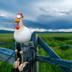 Huhn-Gartenfigur mit beweglichen Holzbeinen und großen Augen