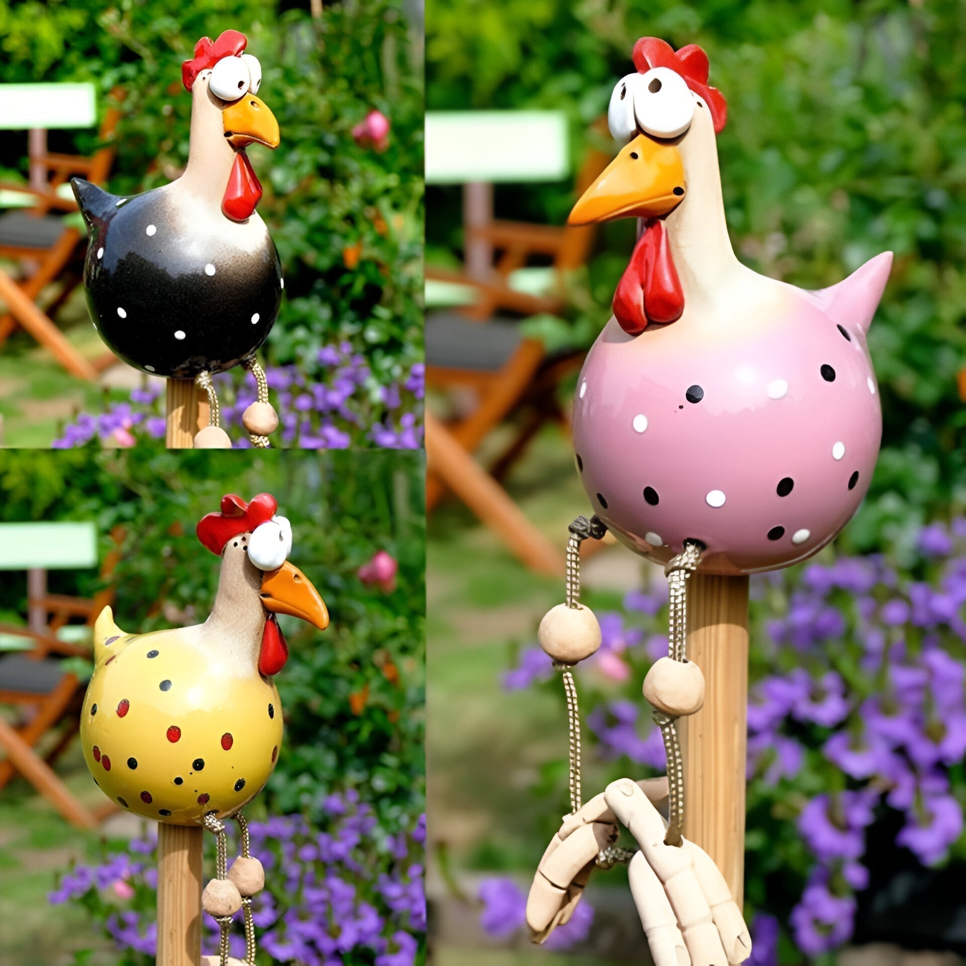 Huhn-Gartenfigur mit beweglichen Holzbeinen und großen Augen