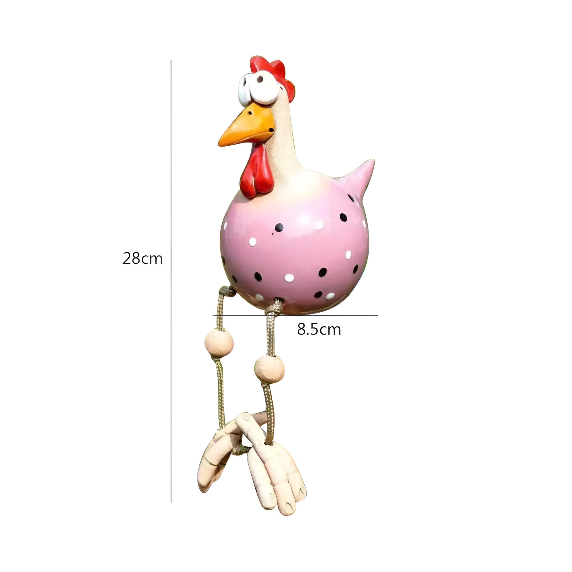 Huhn-Gartenfigur mit beweglichen Holzbeinen und großen Augen
