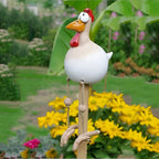 Huhn-Gartenfigur mit beweglichen Holzbeinen und großen Augen