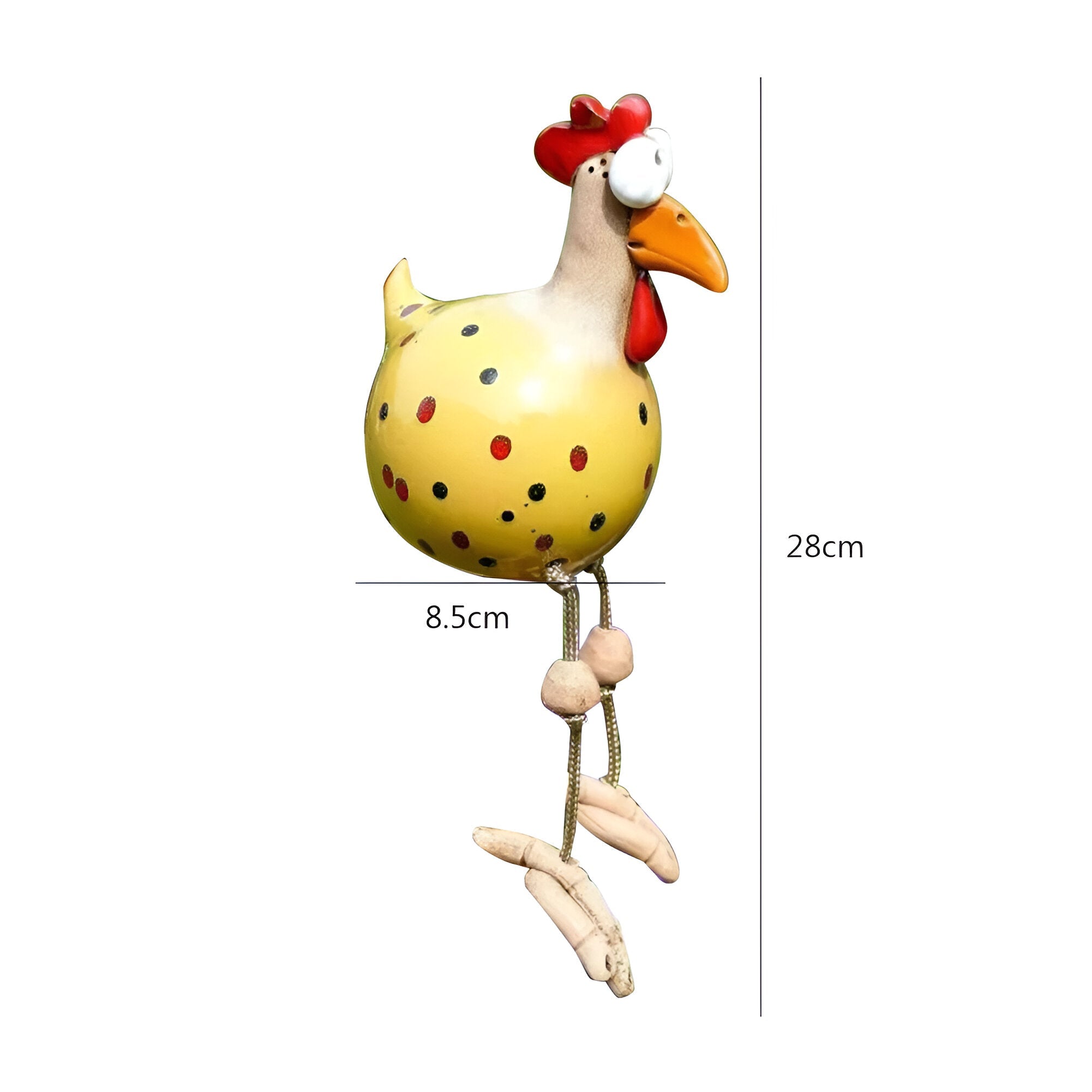 Huhn-Gartenfigur mit beweglichen Holzbeinen und großen Augen