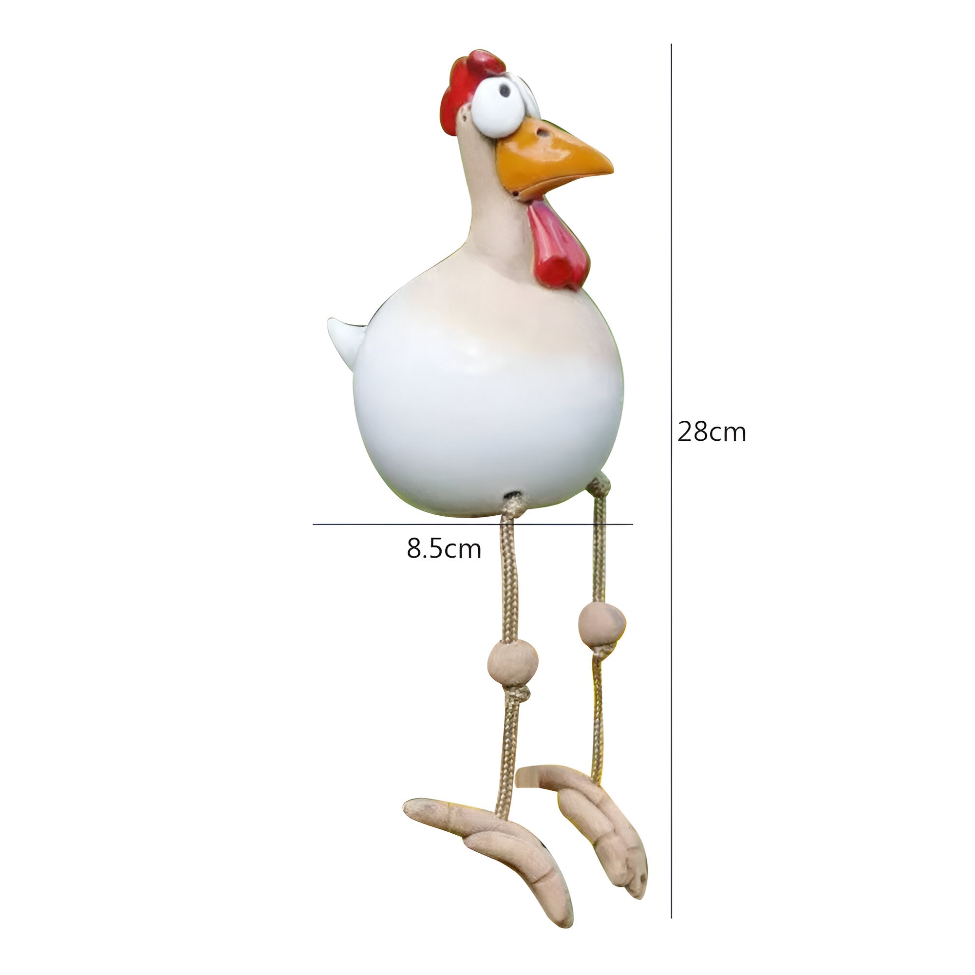 Huhn-Gartenfigur mit beweglichen Holzbeinen und großen Augen