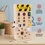 Wooden sensory board with lights and switches for motor skills training