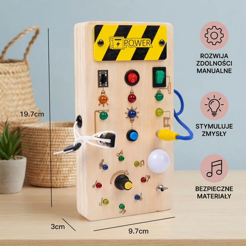 Wooden sensory board with lights and switches for motor skills training