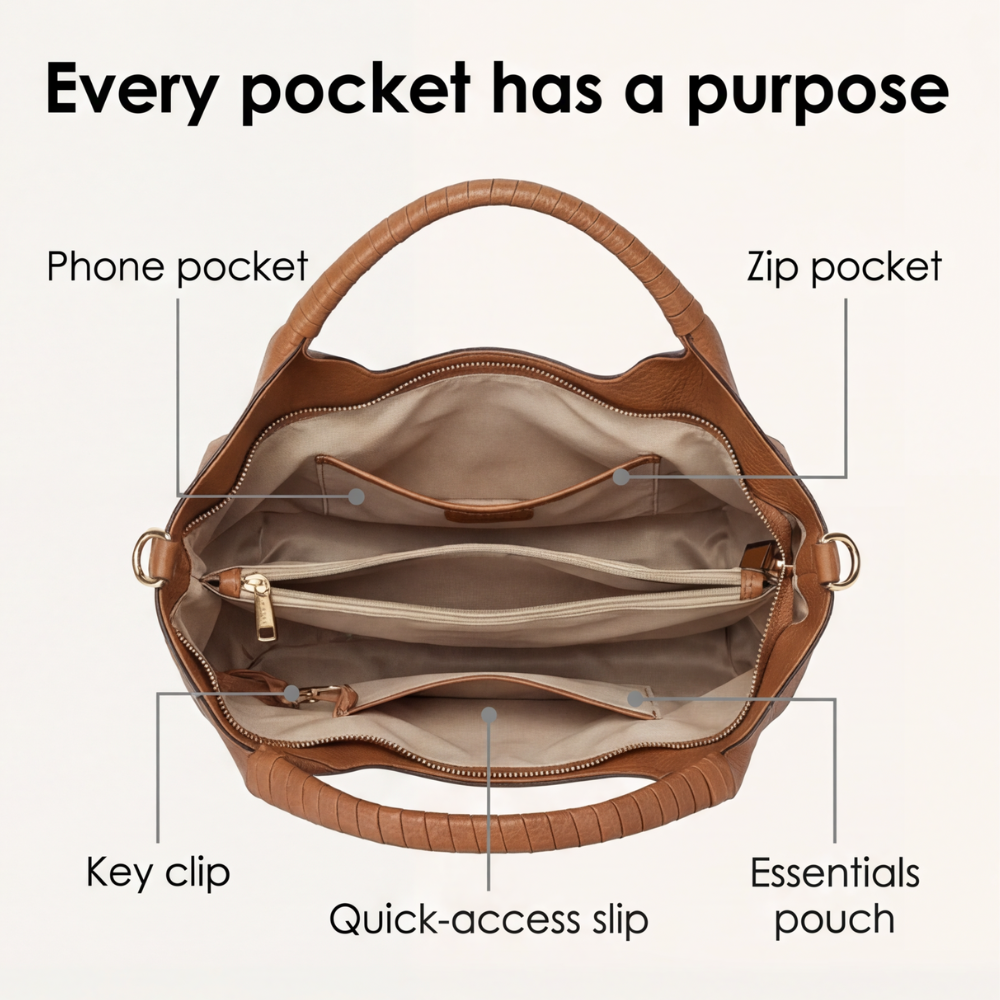 Soft Leather Hobo Bag with Multiple Compartments