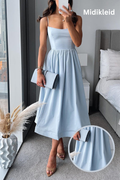 A-line midi dress with spaghetti straps and waist belt