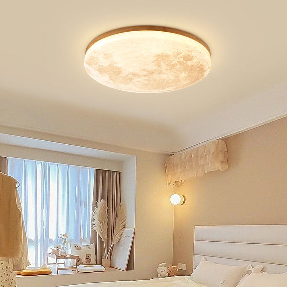 LED-Deckenleuchte rund Mondmotiv mit Holzrahmen