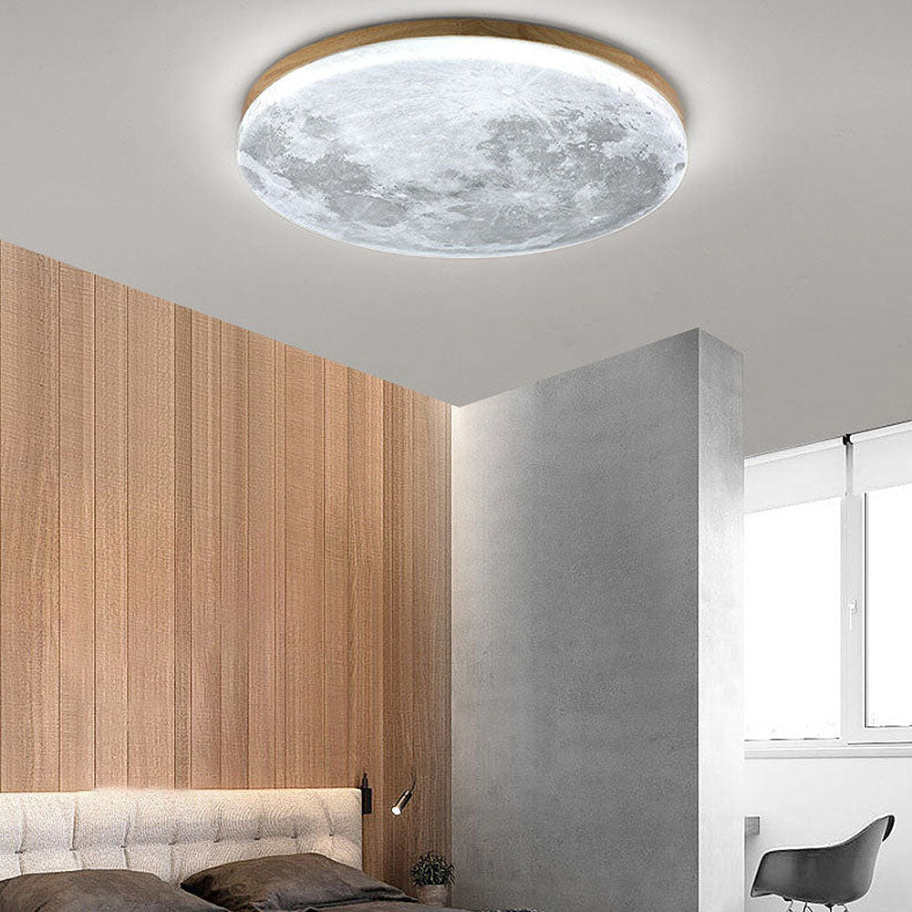 LED-Deckenleuchte rund Mondmotiv mit Holzrahmen