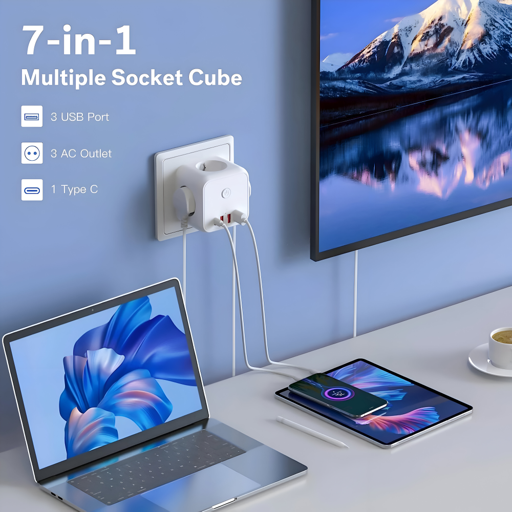 Cube Power Strip with USB & Type-C – 7-in-1 Charging Station