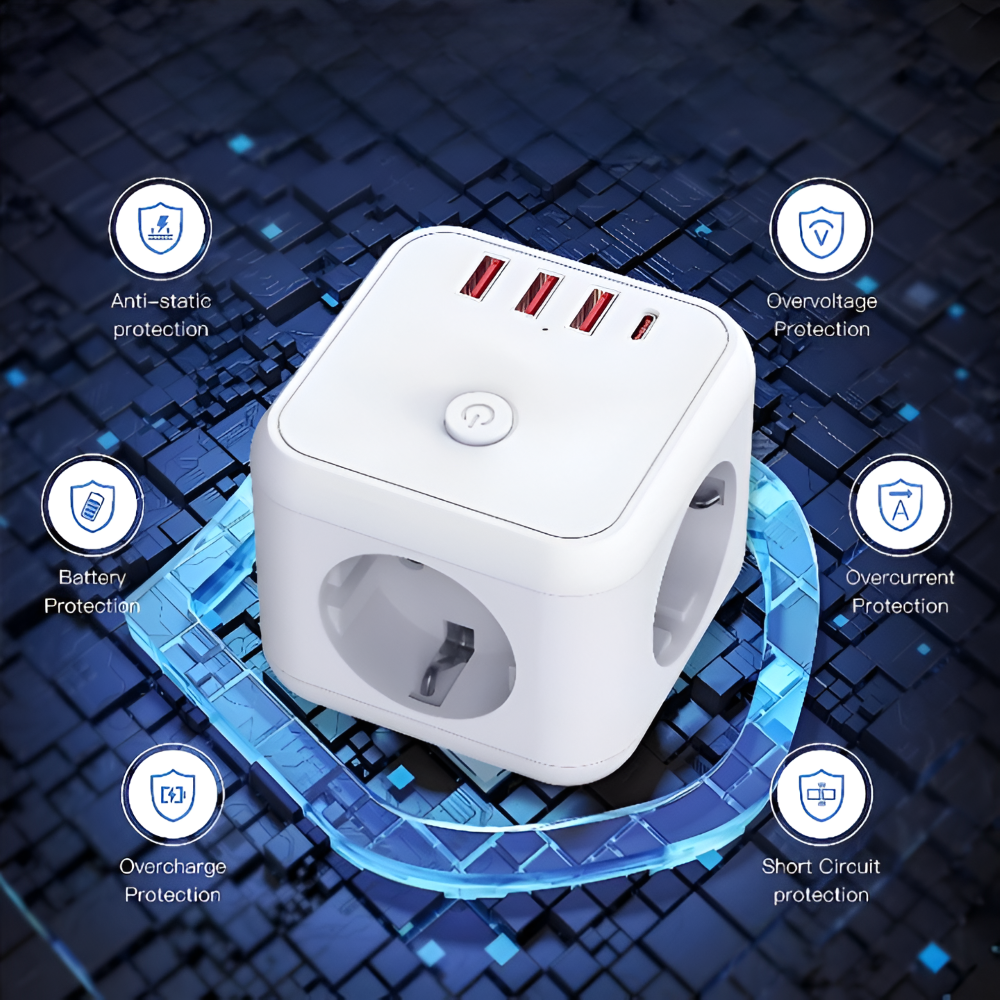 Cube Power Strip with USB & Type-C – 7-in-1 Charging Station