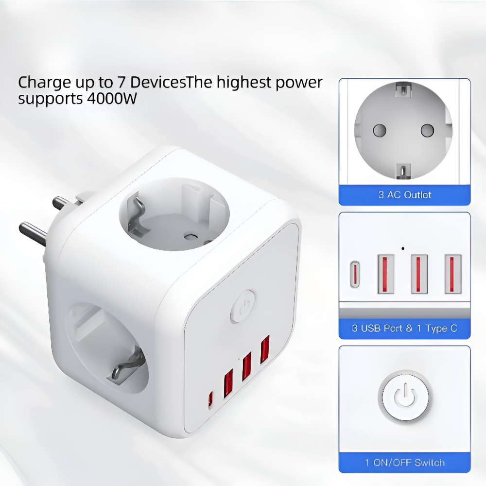 Cube Power Strip with USB & Type-C – 7-in-1 Charging Station