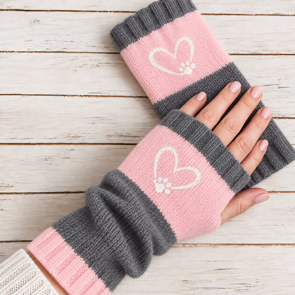 Strickhandschuhe fingerlos mit Herzmotiv