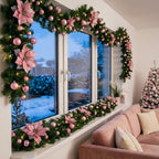 Christmas garland 2.7 m with fir branches, poinsettias & baubles