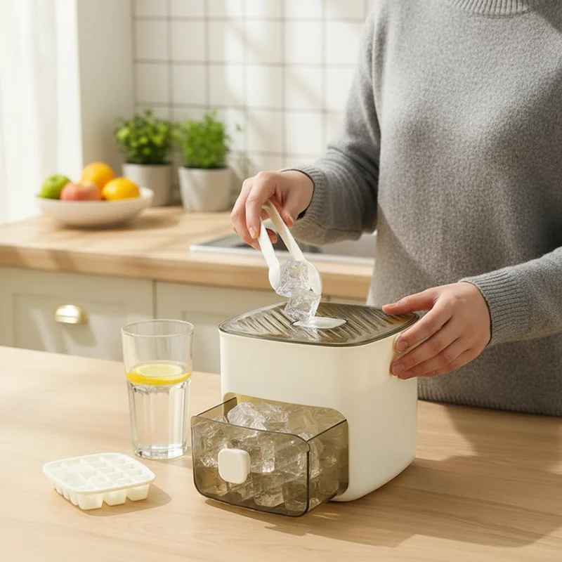 Ice cube tray with pressing function for 48 ice cubes – clean ice cube mold without dripping, stackable with storage compartment and lid – Mivoza