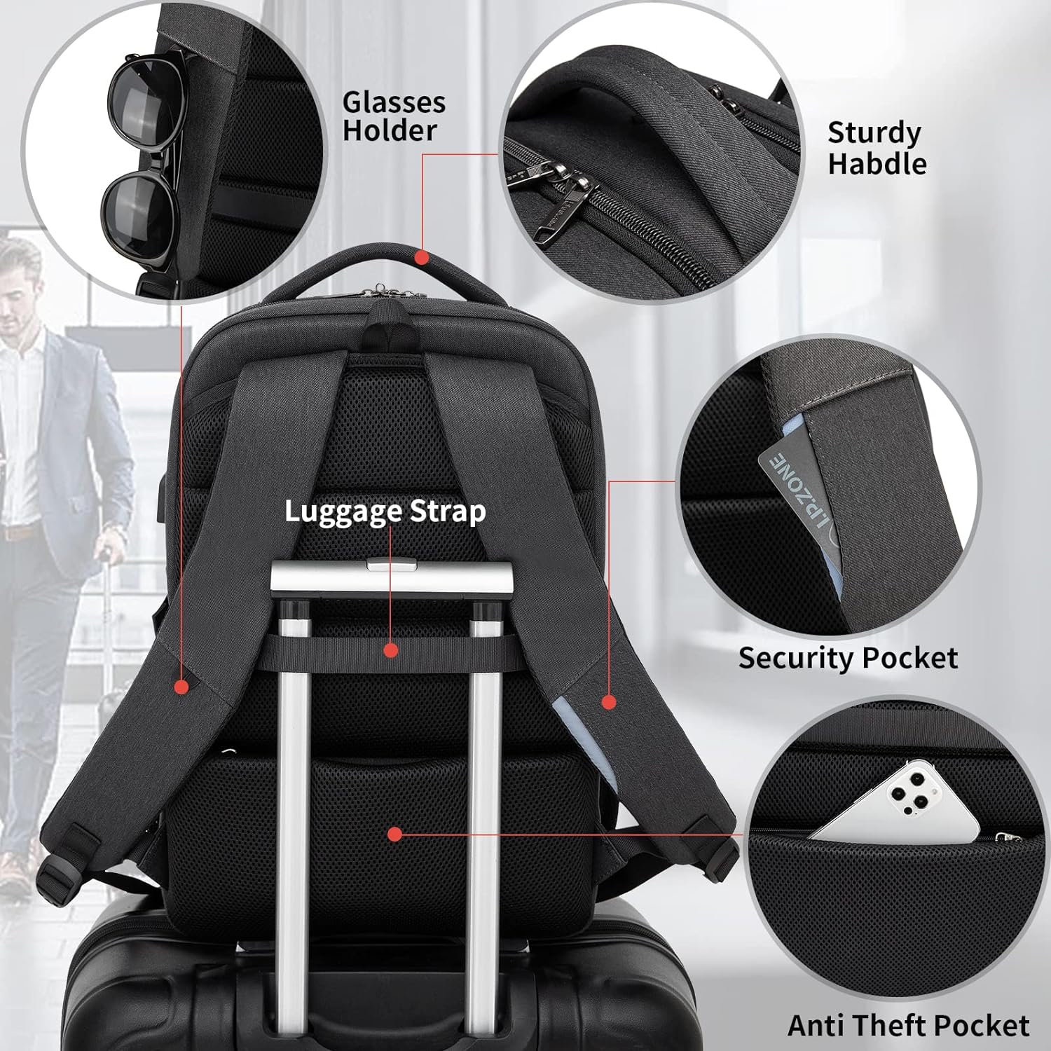 Laptop backpack with USB port and anti-theft protection