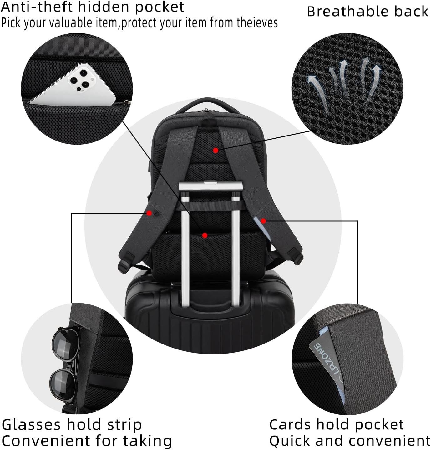 Laptop backpack with USB port and anti-theft protection
