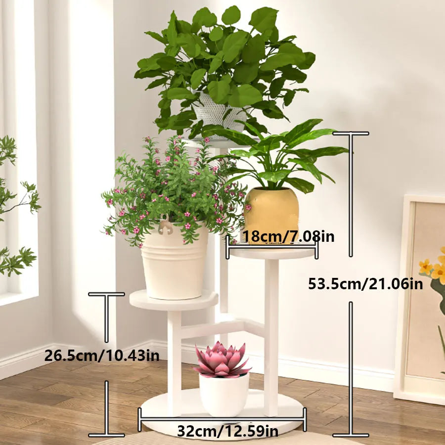 4-tier plant shelf with round wooden shelves and metal frame