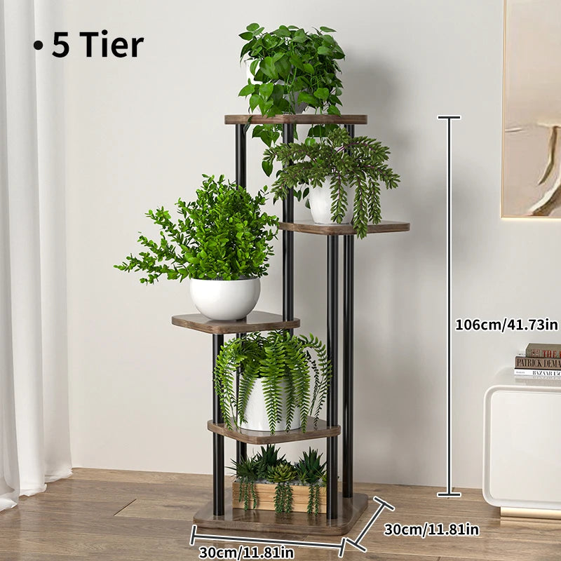 5-tier plant shelf with metal frame and wooden shelves