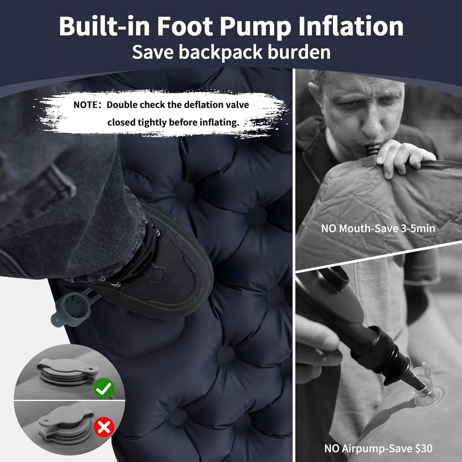 Double inflatable air mattress with pillow and built-in pump