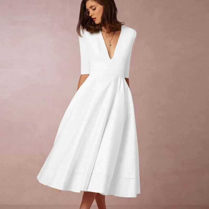 Midi-Kleid A-Linie mit V-Ausschnitt und 3/4-Ärmeln