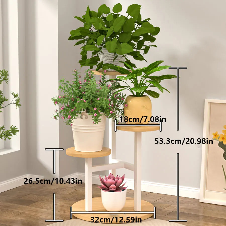 4-tier plant shelf with round wooden shelves and metal frame