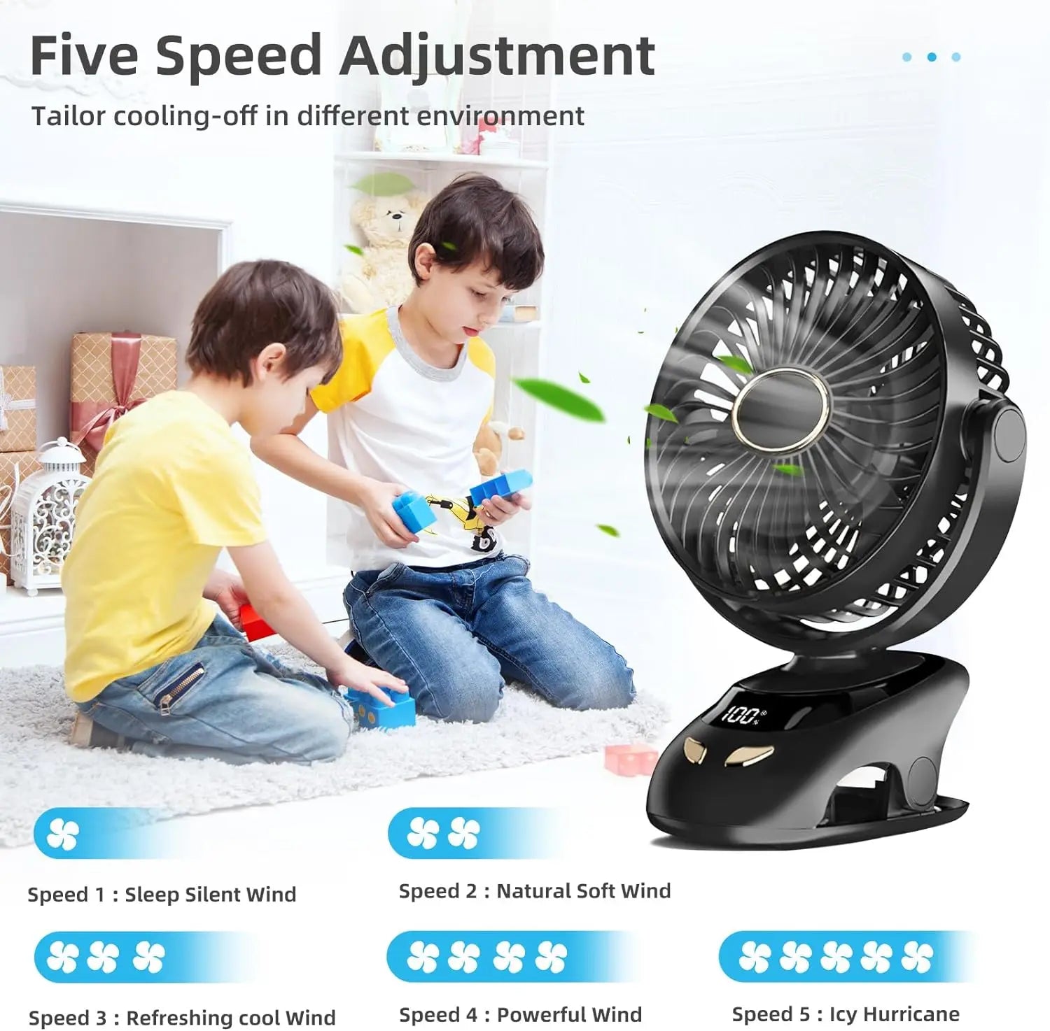 Clip-Ventilator mit 6000 mAh Akku und LED-Anzeige