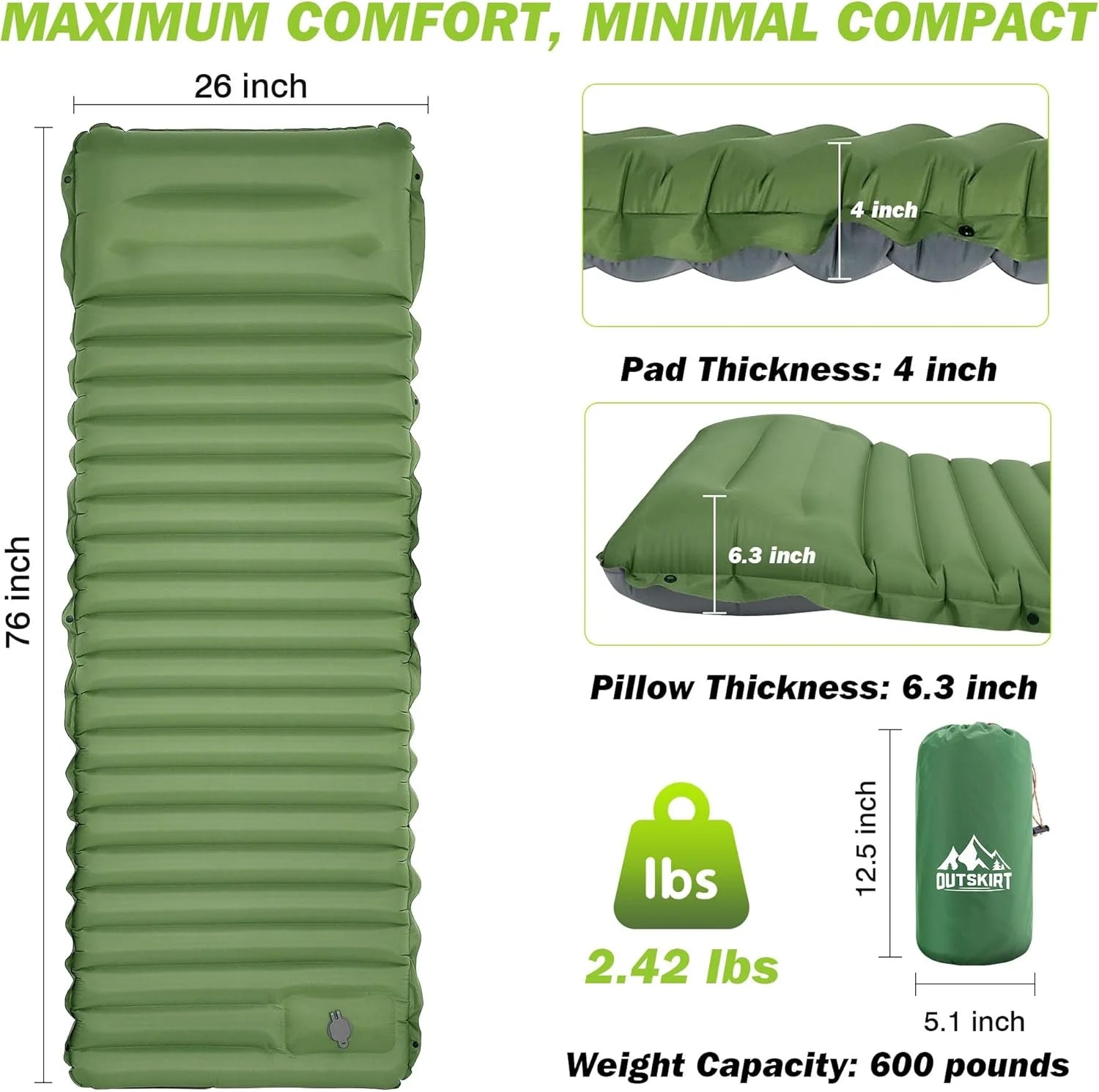 Camping Sleeping Pad 4-inch – Self-Inflating with Connecting Snap Buttons