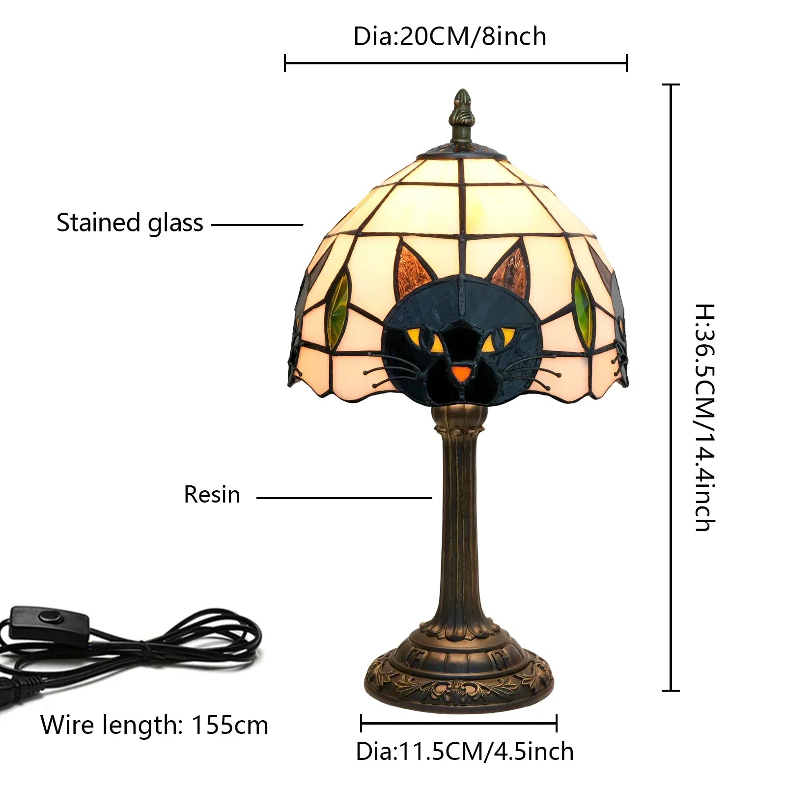 Tischlampe Buntglas mit Katzenmotiv – Tiffany-Stil