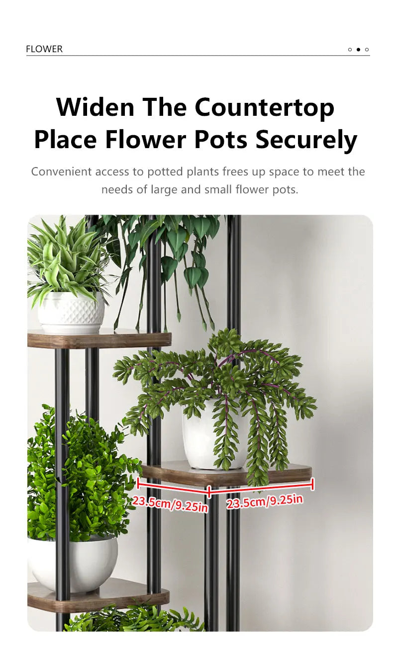 5-tier plant shelf with metal frame and wooden shelves