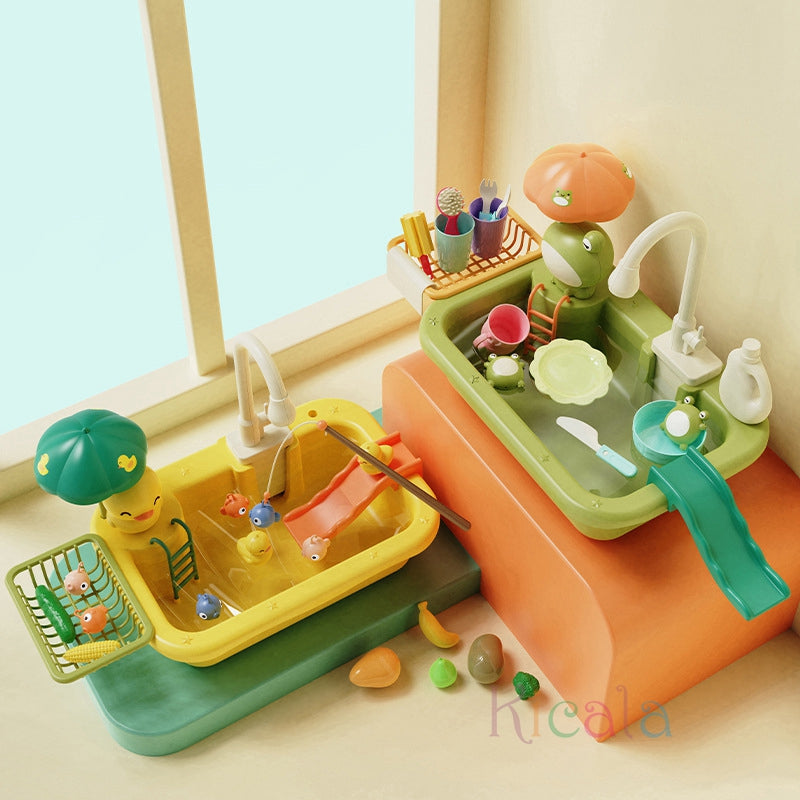 Water play table with fountain and toys