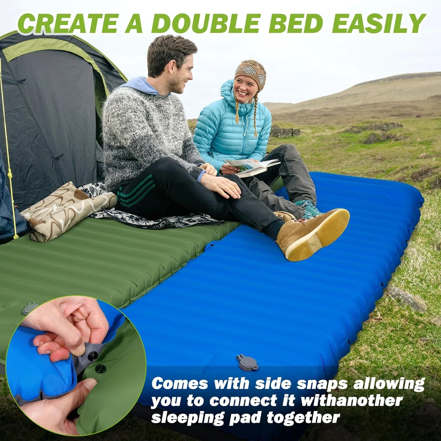 Camping Sleeping Pad 4-inch – Self-Inflating with Connecting Snap Buttons