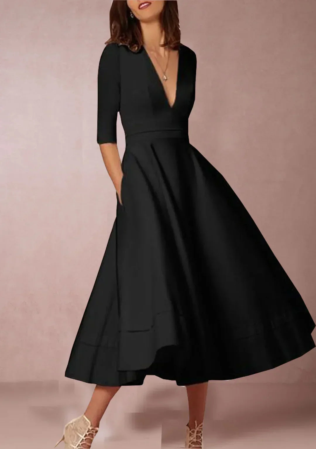 Midi-Kleid A-Linie mit V-Ausschnitt und 3/4-Ärmeln