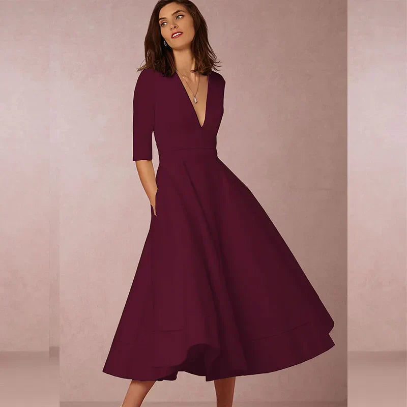 Midi-Kleid A-Linie mit V-Ausschnitt und 3/4-Ärmeln