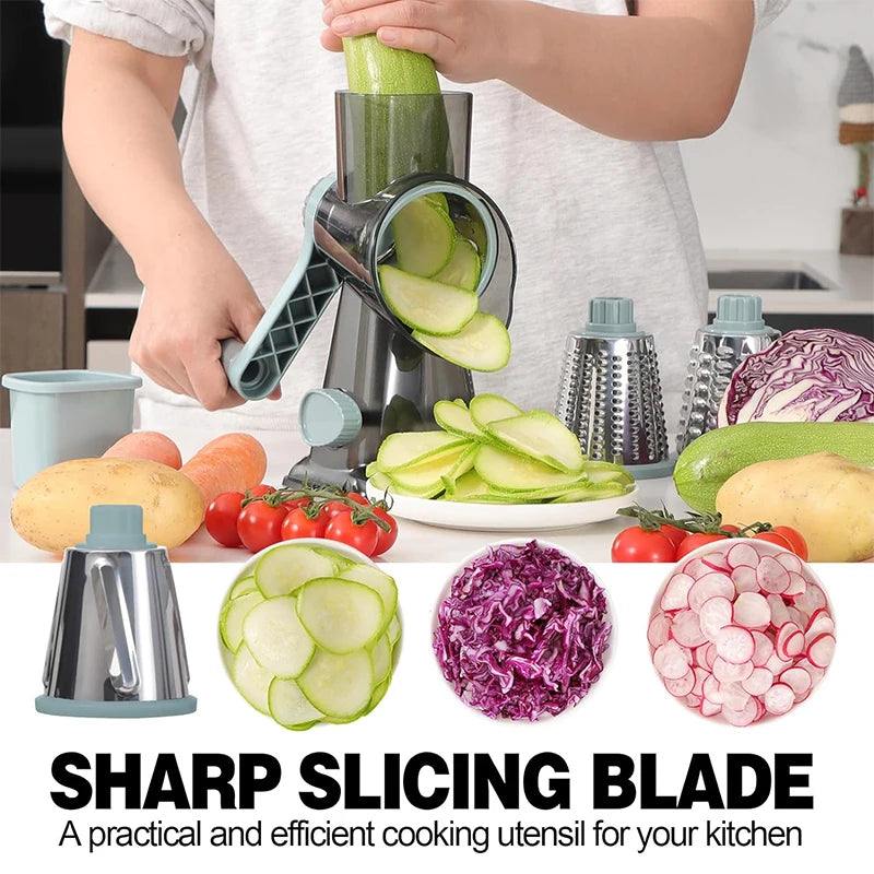 Rotary grater with 3 interchangeable drums