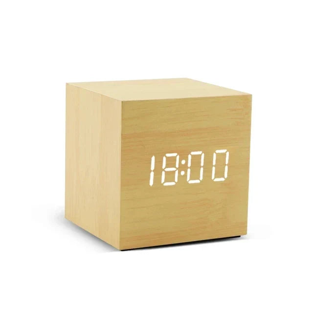 Holz LED-Wecker mit Temperaturanzeige und Geräuschaktivierung
