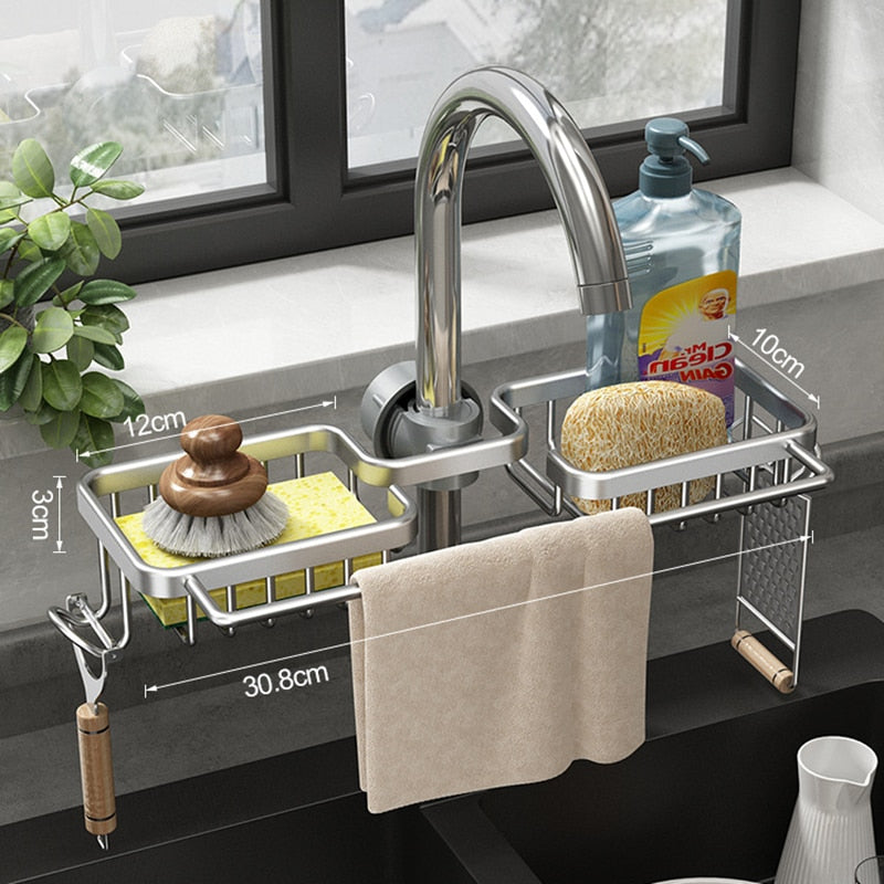Faucet Kitchen Organizer – Sponge, Brush & Towel Bar in One