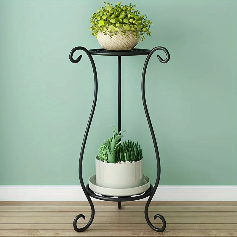 Two-tier metal plant shelf with decorative frame