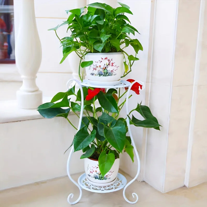 Two-tier metal plant shelf with decorative frame