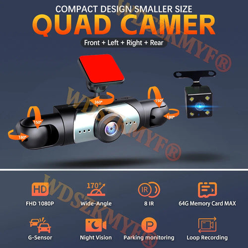 Auto DVR 4-channel 1080P with 360° all-around recording and night vision