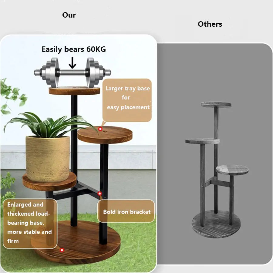 4-tier plant shelf with round wooden shelves and metal frame