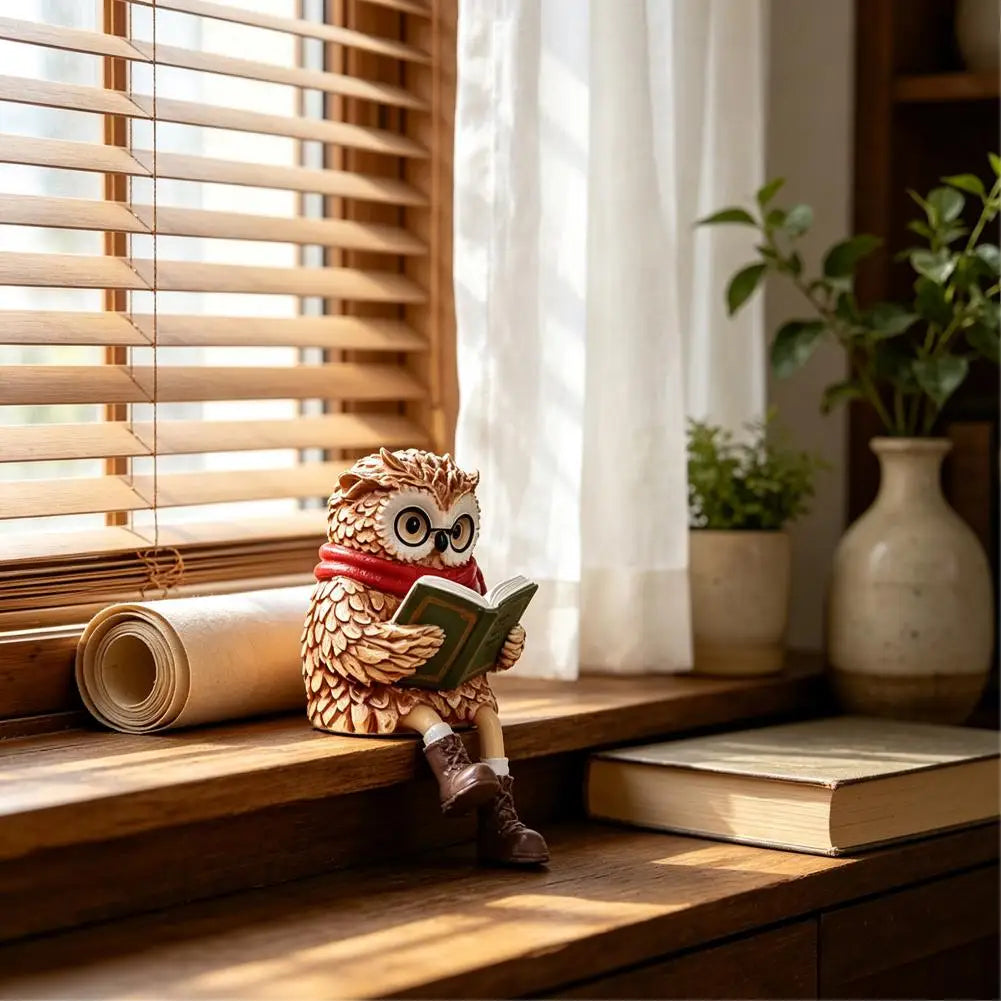 Owl edge-sitter figurine with book, glasses and scarf – 15 cm