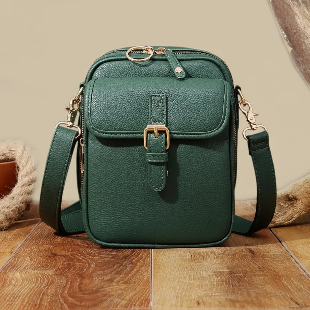Leather-Look Crossbody Bag with Buckle Detail – Multiple Compartments