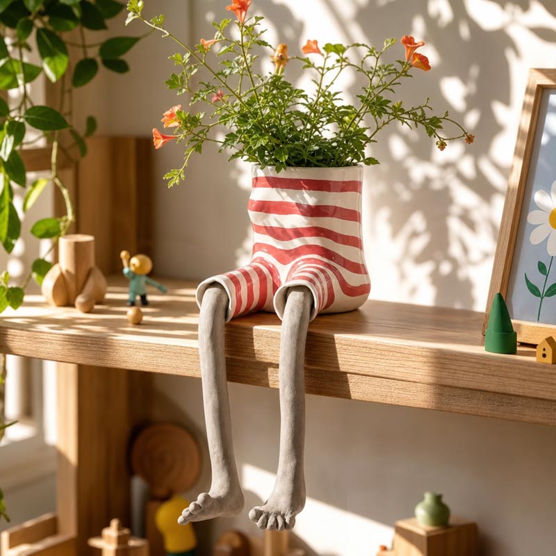 Blumentopf sitzende Beine Figur Deko