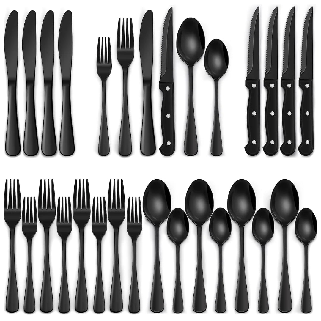 Schwarzes Besteck-Set 24-teilig – Komplett für 4 | 18/0-Edelstahl | Mit Steakmessern
